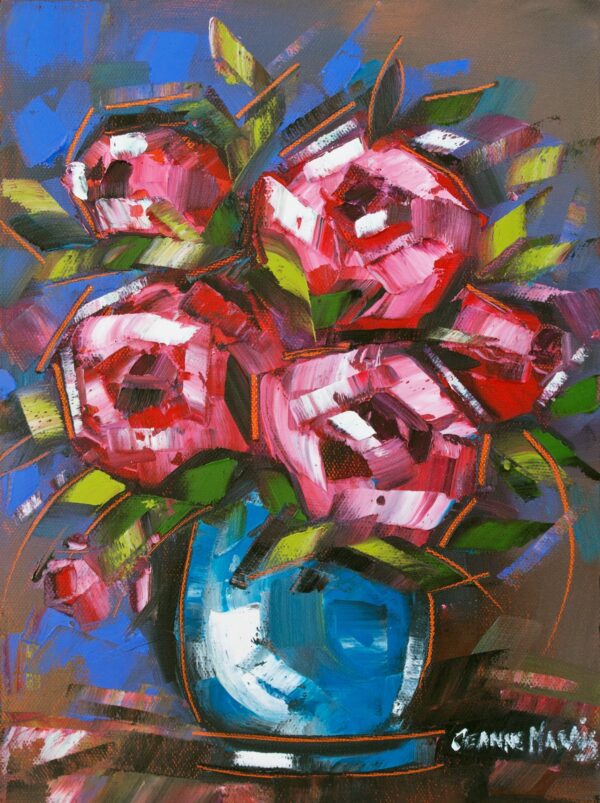Magenta Roses - Giclée print of pink flowers with green leaves in a blue vase. Bold brushstrokes and vivid colors convey a lively, dynamic mood against a rich blue background