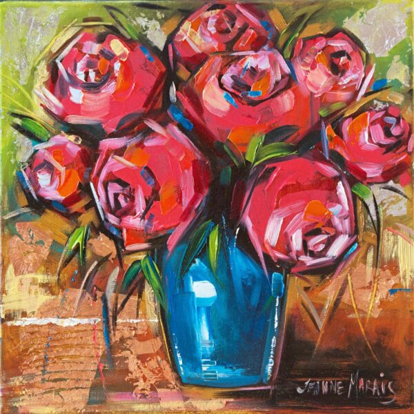 Magentas in Blue one - Giclée print of red roses with bold pink and orange brushstrokes in a blue vase on a textured, warm-toned background. Energetic and lively