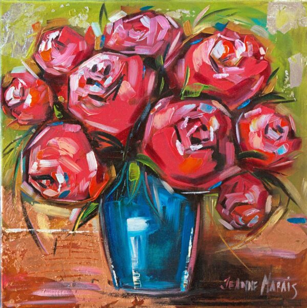 Magentas in Blue two - Giclée print of red roses with bold pink and orange brushstrokes in a blue vase on a textured, warm-toned background. Energetic and lively