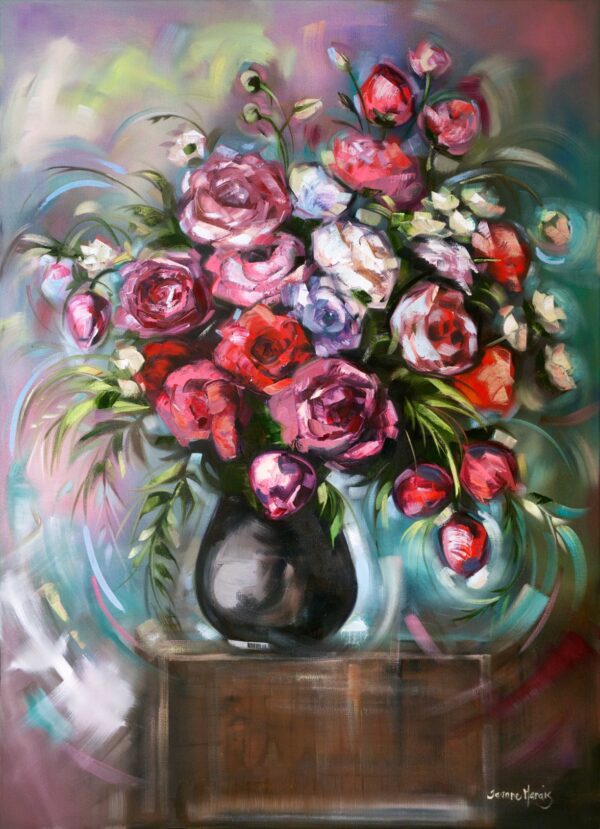 Magnificent Roses - Giclée print of a bouquet in a black vase, featuring red, pink, and purple flowers with green leaves on a textured, colorful background