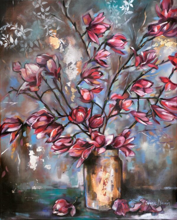 Magnolia Sprigs - Giclée print of vibrant pink flowers in a textured vase against a dreamy, abstract background. A scene of elegance and tranquility