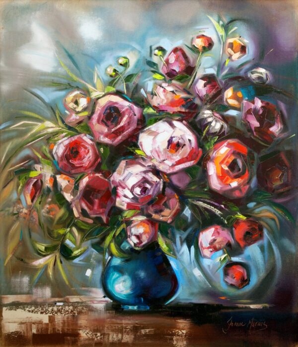 Majestic Roses - Giclée print of a vibrant bouquet of abstract pink and red roses with green leaves in a blue vase on a wooden table. The painting exudes a lively and dynamic energy