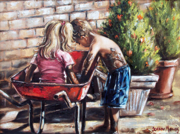 Muddy Friends - Giclée print of oil painting of children playing with mud in a sunny yard. A girl in pink and a shirtless boy lean over a red wheelbarrow. Potted plants and a brick wall set the scene