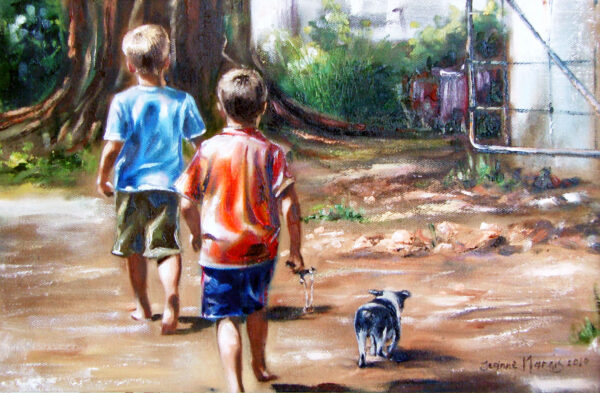 Musketeers - Giclée print of oil painting of two young boys in colorful shirts walking barefoot on a dirt path with a small dog. The scene is set in a sunlit, lush, green forest