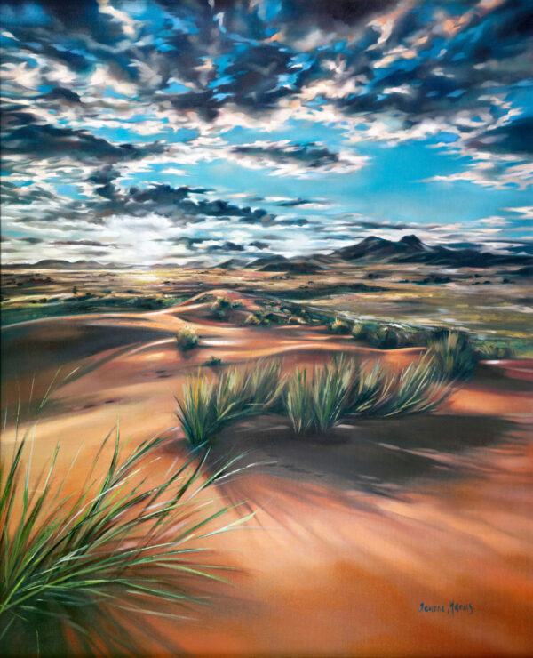 Namib Dunes - Giclée print of oil painting of a mesmerizing desert landscape under a bright, dynamic sky. Sand dunes with scattered bushes stretch towards distant mountains, evoking a serene, vast atmosphere.
