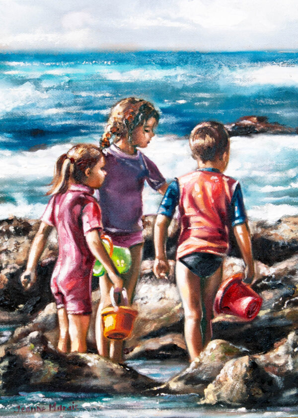 On the Rocks - Giclée print of oil painting of three children standing barefoot on rocky shore, facing the ocean waves. They wear colorful clothes and hold buckets, embodying a playful, adventurous vibe