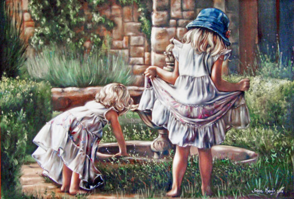 Once Little - Giclée print of oil painting of two young girls in white dresses playing by a small fountain in a lush garden. One leans over the water, while the other holds her dress. It's a serene, nostalgic scene