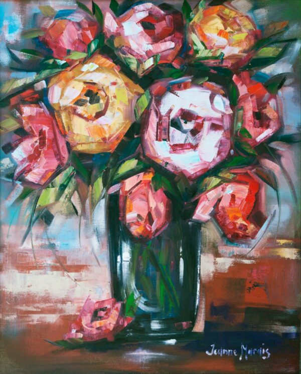 Orange and Coral Roses - Giclée print of colorful bouquet of abstract roses with pink, orange, and yellow hues in a tall blue vase. Leaves and petals create a lively, textured look against a blurred background