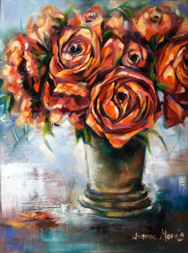 Orange Roses - Giclée print of a bouquet of orange roses in a metal vase. The loose, bold brushstrokes convey warmth and elegance