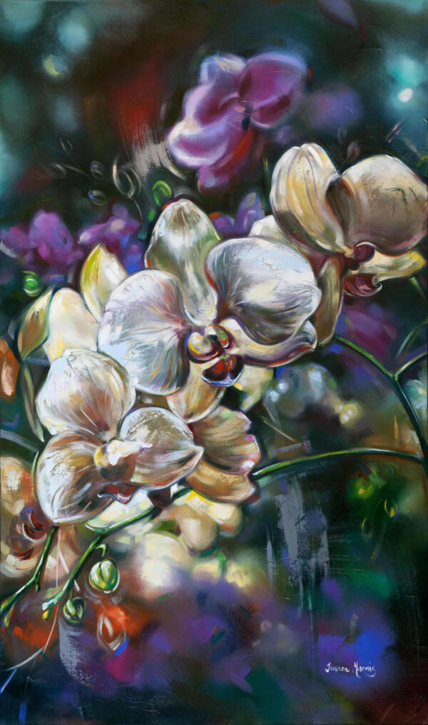 Orchid Colours - Giclée print of vibrant orchid blossoms in white and cream with hints of yellow and purple, set against a blurred, colorful background. A dreamy, serene mood