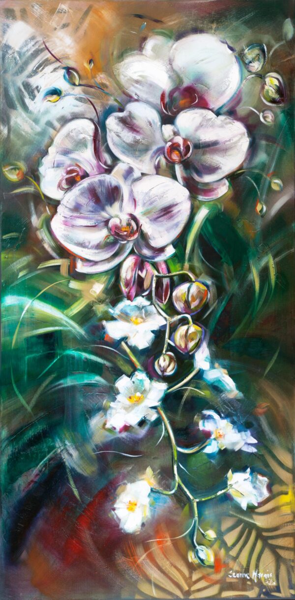 Orchid Gust - Giclée print of white orchids with pink accents, set against a swirling backdrop of green and earthy tones, conveying a sense of movement and vitality