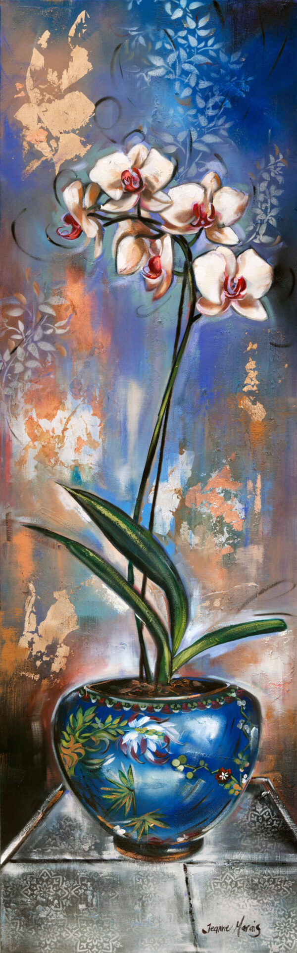 Orchid Vase - Giclée print of orchid with white blossoms in a blue floral vase, set against a vibrant background of blue, orange, and gold abstract patterns