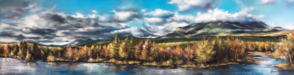 Pine Shore - Giclée print of oil painting of panoramic serene landscape featuring a river, autumnal trees, and distant mountains under a dramatic cloudy sky. Tranquil and scenic.