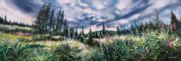 Pine Valley - Giclée print of oil painting of vibrant landscape pine tree meadow with tall grasses and wildflowers under a dramatic, cloudy sky.