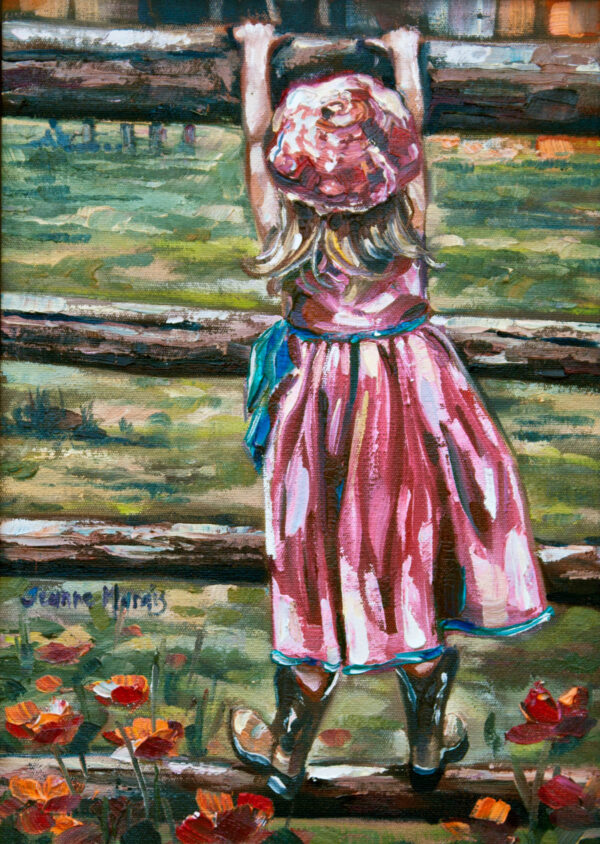 Pink Dress - Giclée print of oil painting of a young girl in a pink dress and hat climbing a wooden fence, set in a grassy field with vibrant orange flowers