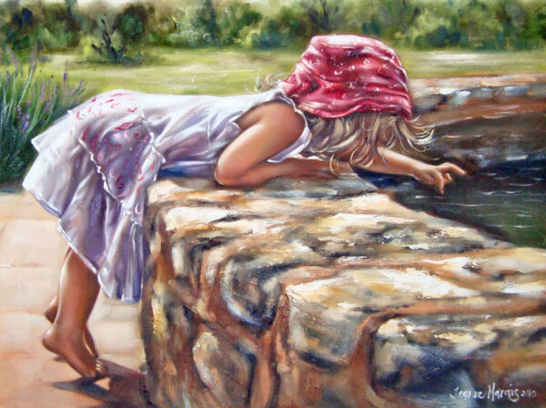 Pink Hat - Giclée print of oil painting of a young child in a white dress and red headscarf leaning over a stone wall, peering into a pond. The scene is serene, with lush greenery in the background