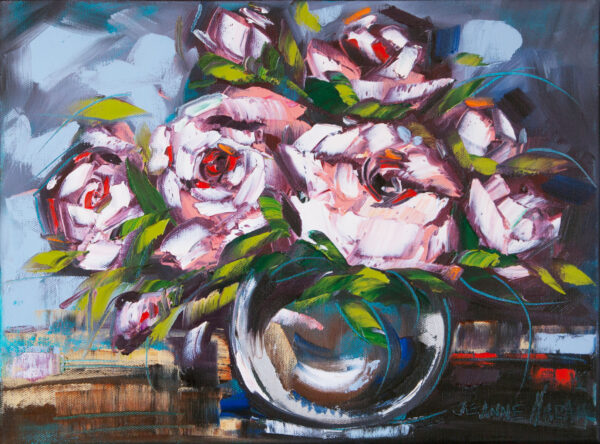 Pink Roses - Giclée print of pink roses in a glossy vase, with green leaves. Bold brushstrokes and abstract background create a lively, expressive feel