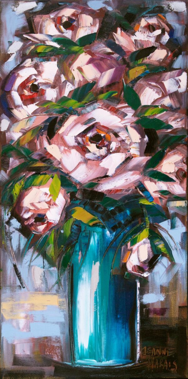 Pink Roses Tall one - Giclée print of a bouquet of pink roses with green leaves in a teal vase. The brushstrokes are bold, creating a lively, dynamic texture