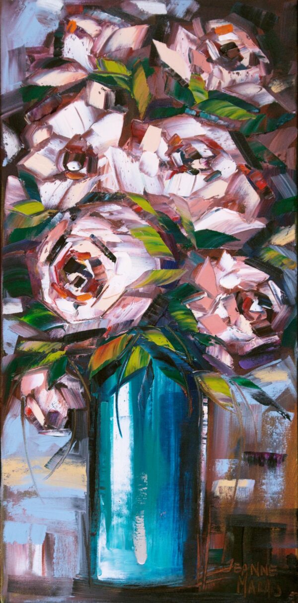 Pink Roses Tall two - Giclée print of a bouquet of pink roses with green leaves in a teal vase. The brushstrokes are bold, creating a lively, dynamic texture