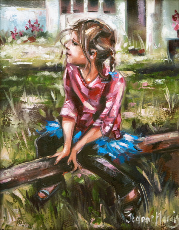 Playmate Promise - Giclée print of oil painting of a young girl with braided hair, wearing a pink shirt and blue skirt, sits on a log in a grassy area. She gazes thoughtfully to the left