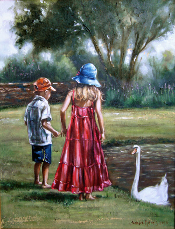 Pond - Giclée print of oil painting of a boy and girl holding hands by a pond, facing a swan. The girl wears a red dress and blue hat, the boy a white shirt and orange cap. Lush greenery surrounds them