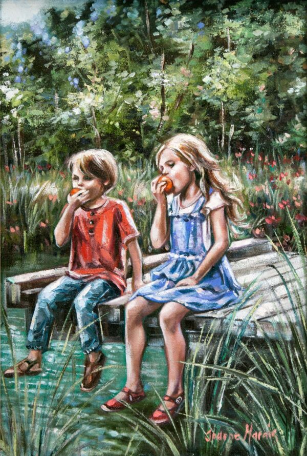 Power Break - Giclée print of oil painting of two children sitting on a wooden dock by a pond, eating apples. The boy wears a red shirt, and the girl wears a blue dress. Lush greenery surrounds them