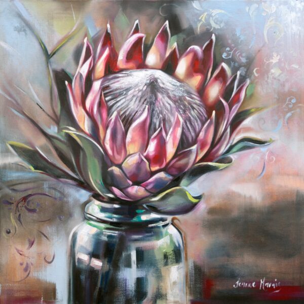 Protea - Giclée print of a protea flower with deep pink petals, emerging from a jar. The background is soft, with swirling patterns