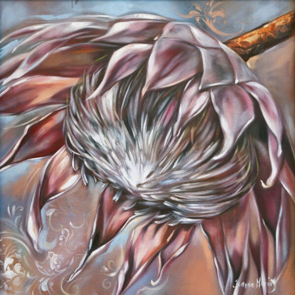 Protea Ego - Giclée print of a large pink protea flower with soft petals and intricate detail on the textured center, set against a swirling, abstract background