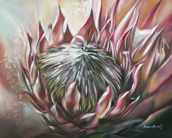 Protea King - Giclée print of a blooming protea flower with pink petals and a textured central cone. Soft background hues create a serene, delicate atmosphere