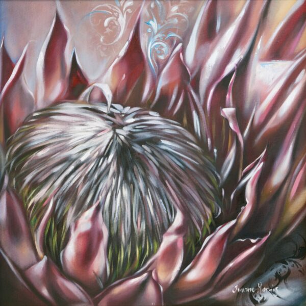 Protea Prestige- Giclée print of a protea flower with sharp, pink petals and a textured, silver-white center. The background is soft with delicate swirls, creating a serene mood