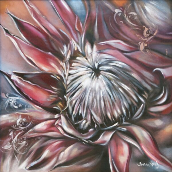 Protea Pride - Giclée print of close-up of a protea painting with pink petals radiating from a detailed center, accented by swirling patterns. It conveys a dreamy, abstract tone