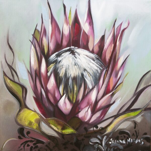 Protea Tryptich one - Giclée print of a protea flower, showcasing its pink, pointed petals and a textured, white center against a soft, muted background. The tone is elegant and artistic