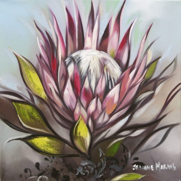 Protea Triptych three - Giclée print of a protea set, showcasing its pink, pointed petals and a textured, white center against a soft, muted background