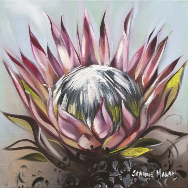 Protea Triptych two - Giclée print of a protea flower, showcasing its pink, pointed petals and a textured, white center against a soft, muted background. The tone is elegant and artistic