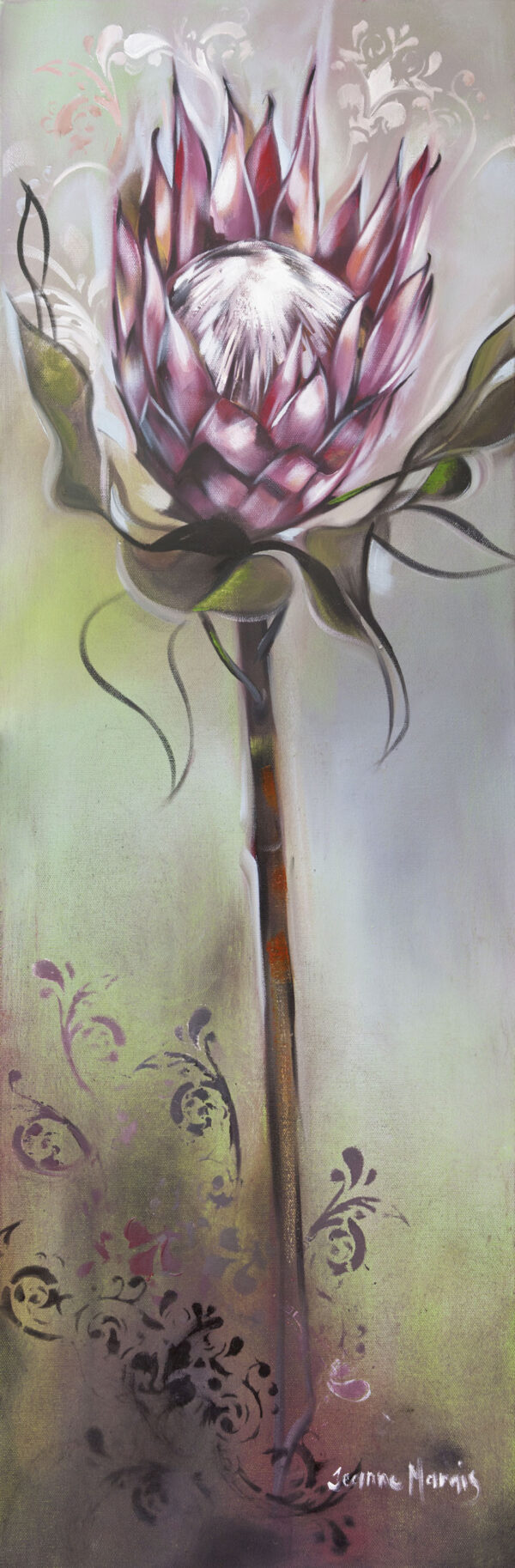 Protea Vintage one - Giclée print of a pink protea flower with swirling leaves on a blurred, pastel background. The artwork conveys a sense of grace and elegance