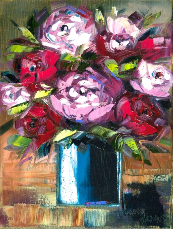 Purple and red roses one - Giclée print of a vibrant a rose bouquet in a blue vase. Pink and white flowers with lush green leaves create a lively composition