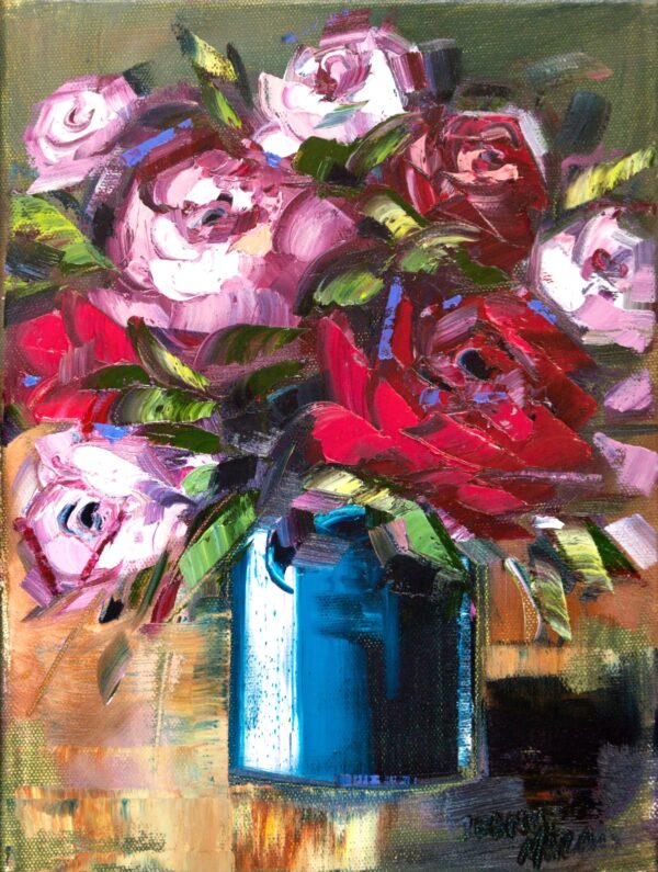 Purple and red roses two - Giclée print of a vibrant a rose bouquet in a blue vase. Pink and white flowers with lush green leaves create a lively composition
