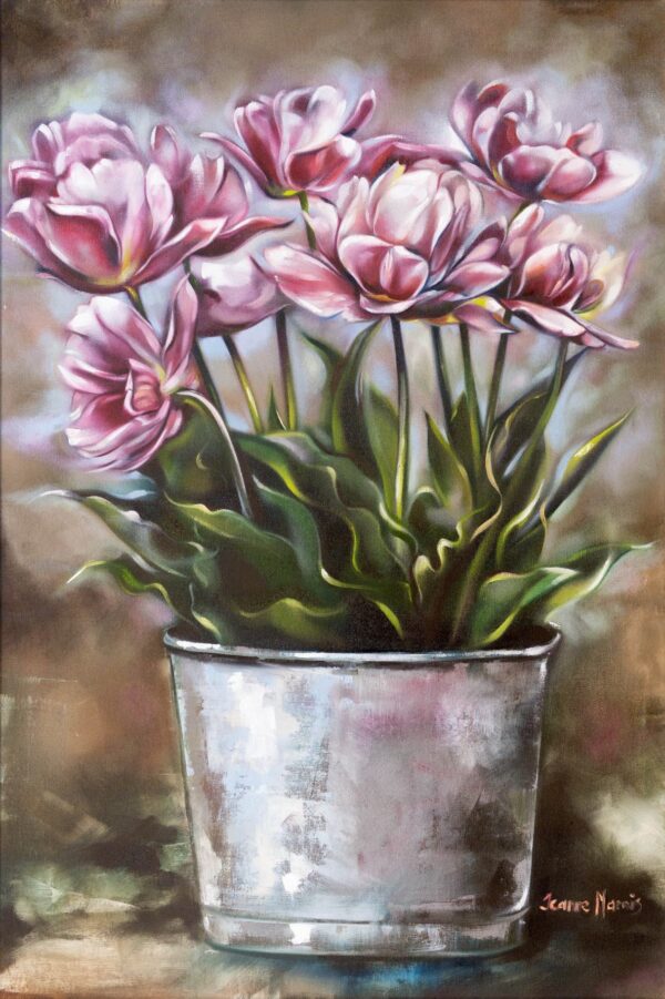 Purple and Silver - Giclée print of pink tulips in a rustic metal pot. The flowers, with detailed petals, convey elegance against a soft, muted background
