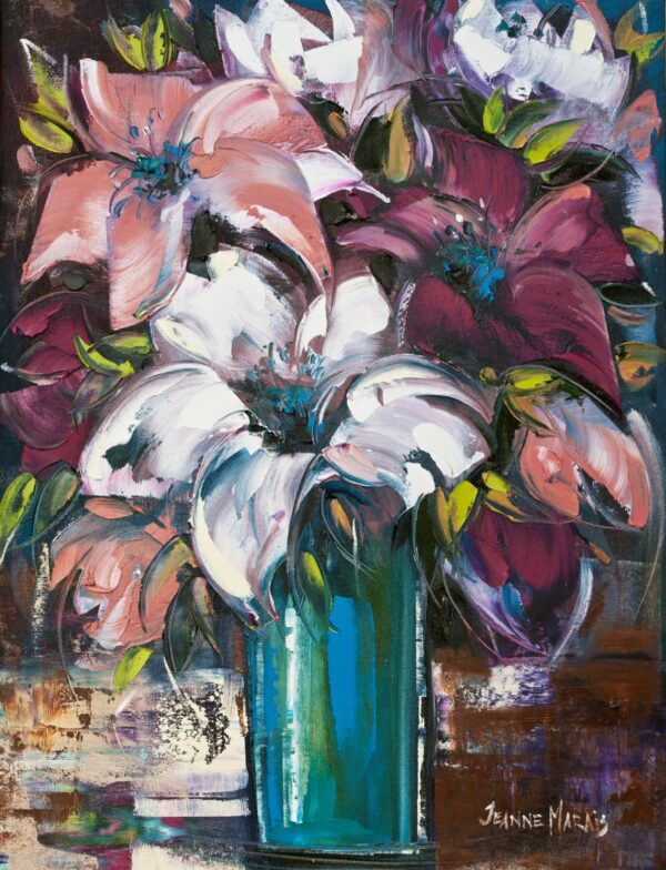 Purple Roses one - Giclée print of lilies in pink, white, and burgundy hues, set in a teal vase. Bold brushstrokes and dark background convey a lively, expressive mood