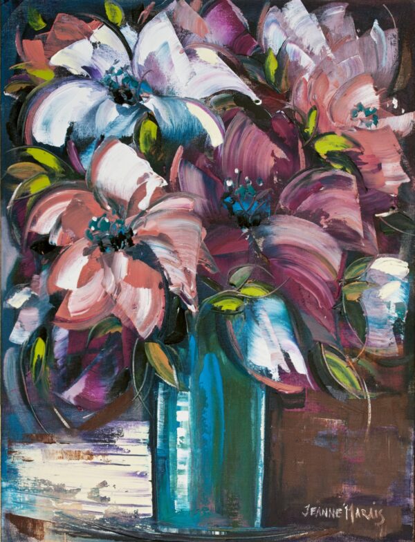 Purple Roses two - Giclée print of lilies in pink, white, and burgundy hues, set in a teal vase. Bold brushstrokes and dark background convey a lively, expressive mood
