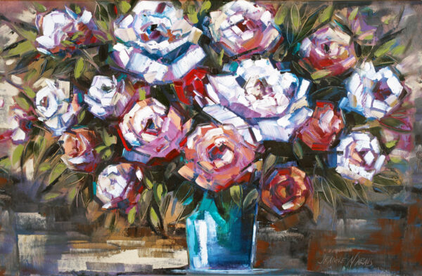 Purple & White Roses - Giclée print of a vibrant a rose bouquet in a blue vase. Pink and white flowers with lush green leaves create a lively and dynamic composition