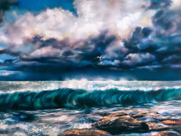 Restless Sea - Giclée print of oil painting of dramatic seascape with turbulent teal waves crashing onto rocks under a dark, stormy sky with ominous clouds, evoking a sense of tension.