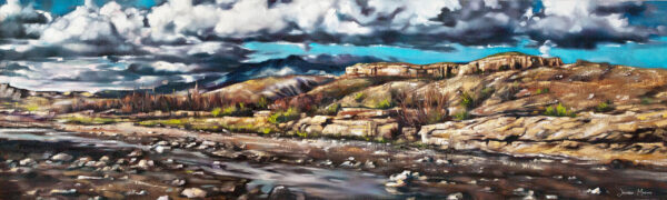 Rocky Ridge - Giclée print of oil painting of panoramic landscape of a rugged, rocky terrain under a dynamic sky with dramatic clouds and patches of sunlight; calm and vast atmosphere.