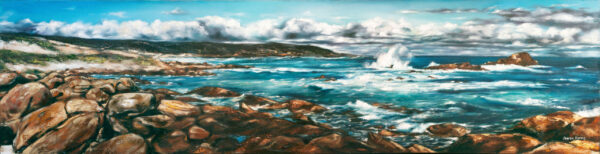 Rocky Shore - Giclée print of oil painting of a vibrant seascape depicting crashing waves against rocky shores under a bright sky with fluffy clouds,