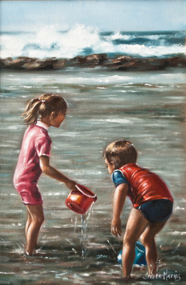 Seaside - Giclée print of oil painting of two young children playing joyfully on a beach, splashing water. The girl in pink holds a bucket and the boy in a red vest crouches near the ocean waves