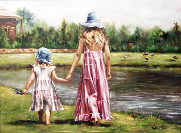 Sisters - Giclée print of oil painting of two young girls in sun hats and summer dresses walking hand in hand by a pond. Ducks swim nearby, and a tree-lined background creates a serene, nostalgic scene