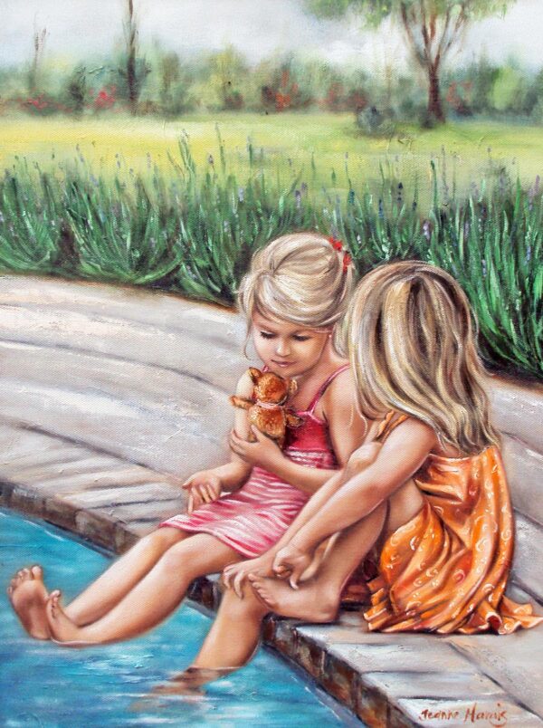 Small Talk - Giclée print of oil painting of two young girls sitting by a pool, one in a red dress holding a teddy bear, the other in orange. The scene has a garden backdrop