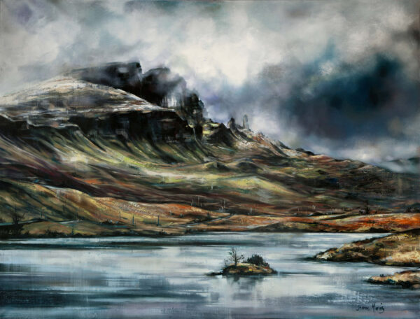 Soaring Cliffs - Giclée print of oil painting of a dramatic landscape depicting a rugged, mountainous terrain under a moody sky. The foreground features a reflective body of water
