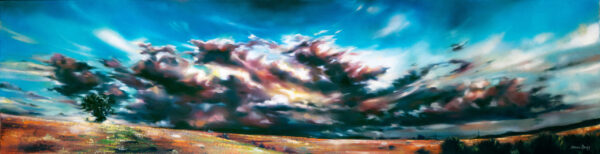 Stormy Horizon - Giclée print of oil painting of a vibrant landscape featuring a dramatic sky filled with swirling clouds in blues and pinks over a sunlit, golden-brown field. A solitary tree stands on the left.