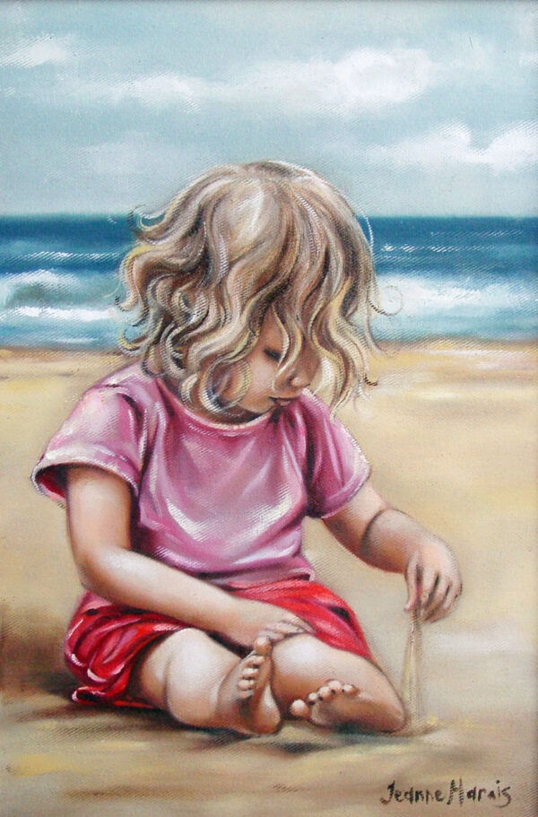 Sun and Sea - Giclée print of oil painting of a child with curly hair, in a pink shirt and red shorts, sitting on a sandy beach, engrossed in drawing with a stick; with ocean waves in the background